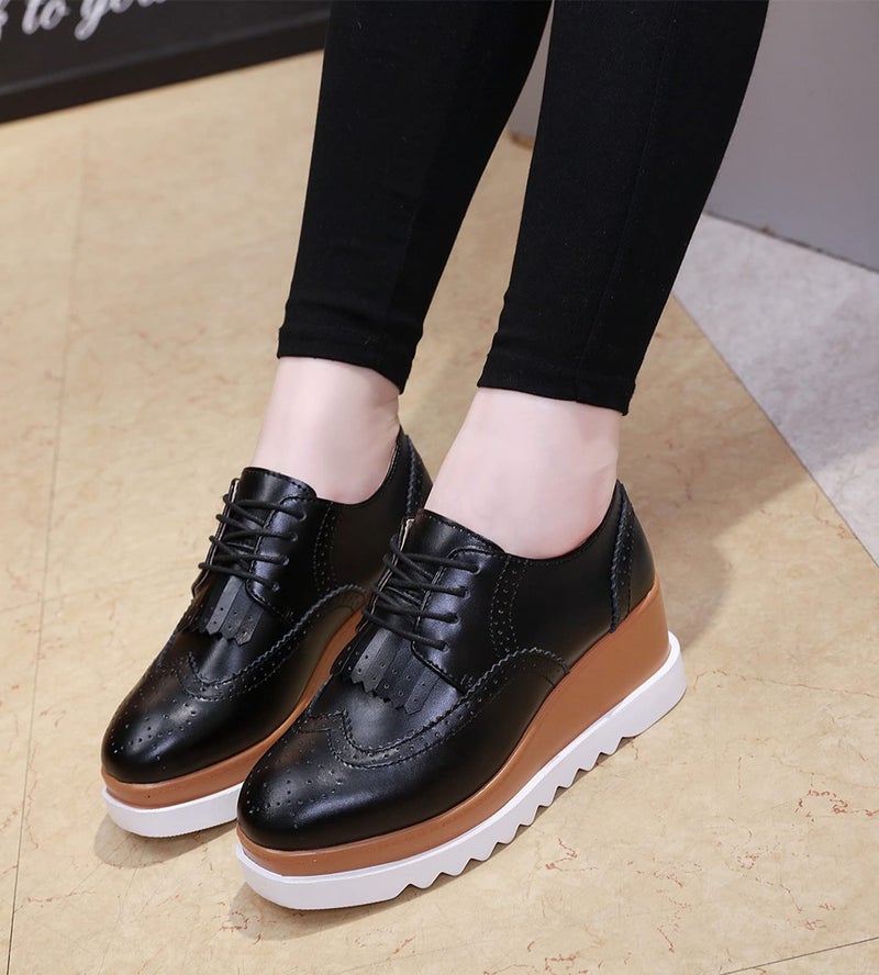 DADAWEN Women's Fashion Tassels Square-Toe Lace-up Platform Wedge Oxford Shoes Black US Size 7.5 - Image 3